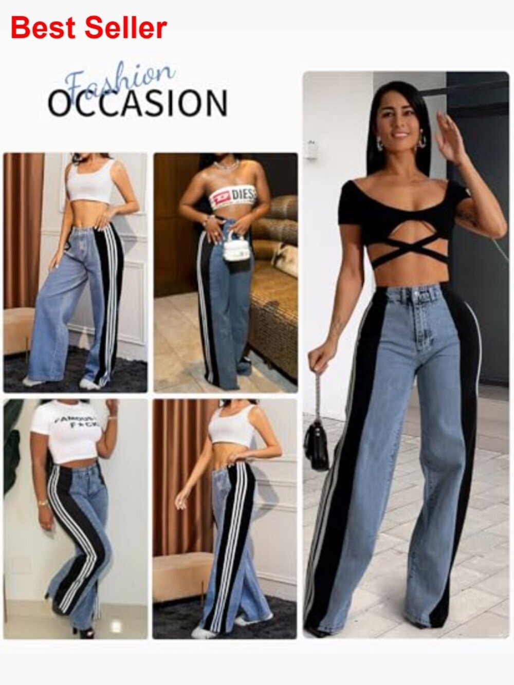 High Waisted Wide Leg Jeans Stretchy Two Tone Denim Pants - Picture 5 of 7